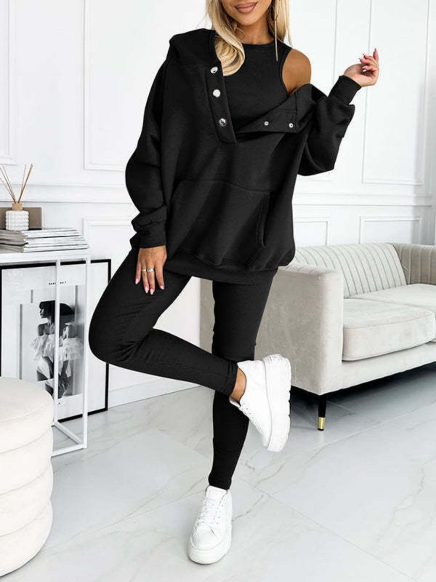 Sporty Casual Hoodie Sweatshirt, Ribbed Slim Fit Vest And Pants Three-piece Set