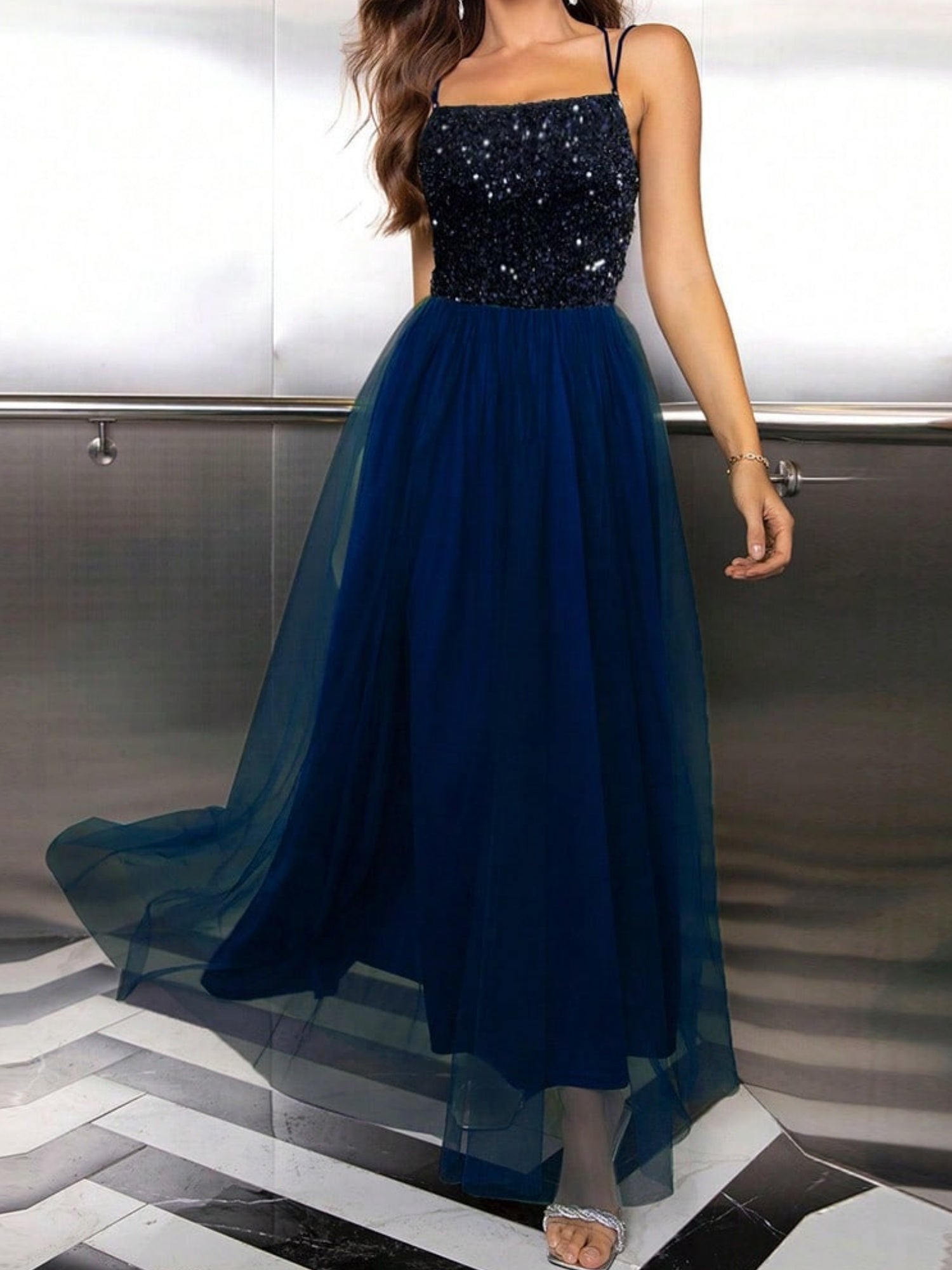 Sequins Mesh Splicing Suspenders Sweet Maxi Dresses