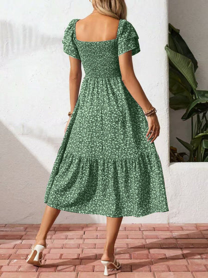 Floral Print Square Neckline And Puff Sleeves Maxi Dresses