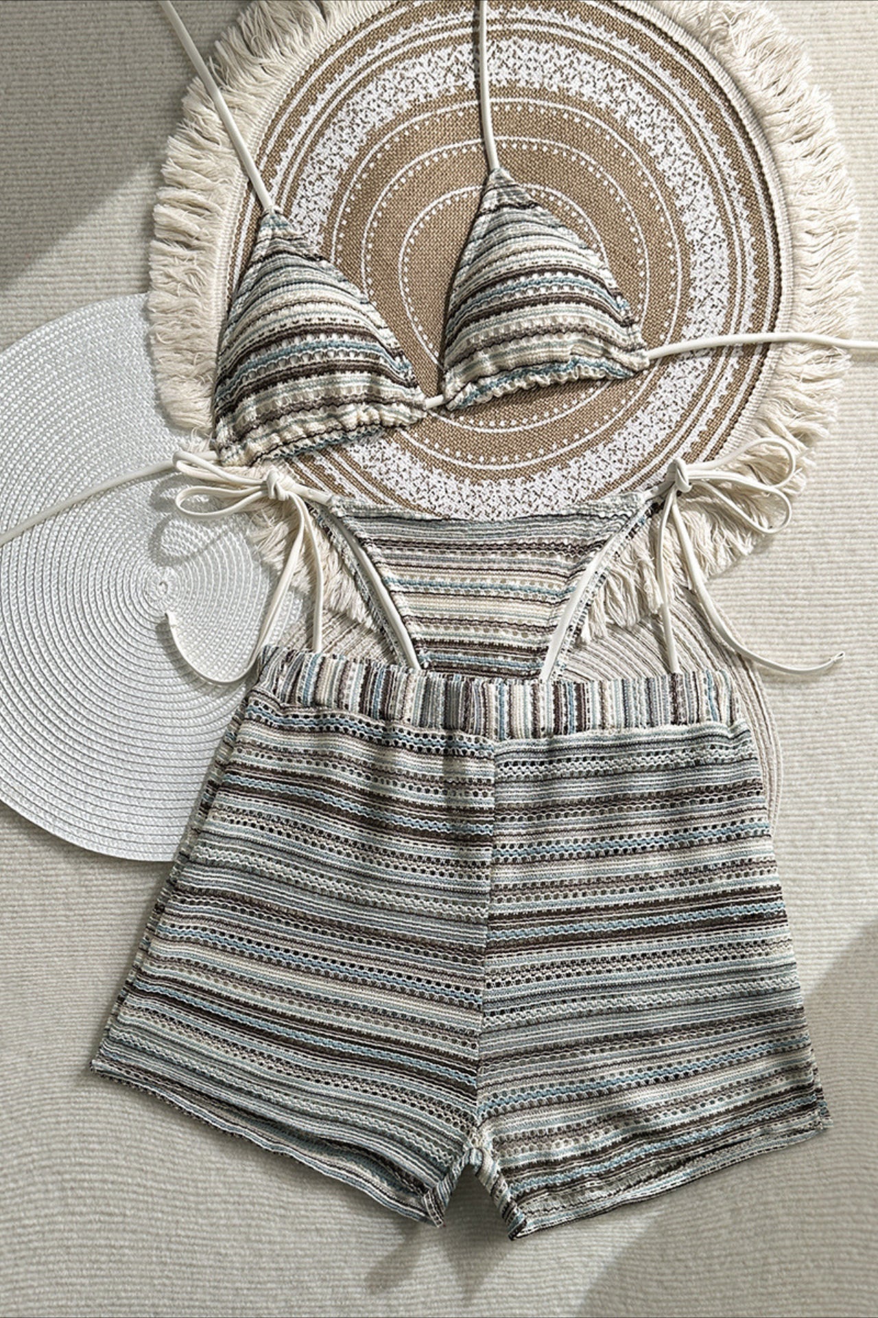 Knit Colorblock Three Piece Bikini Set