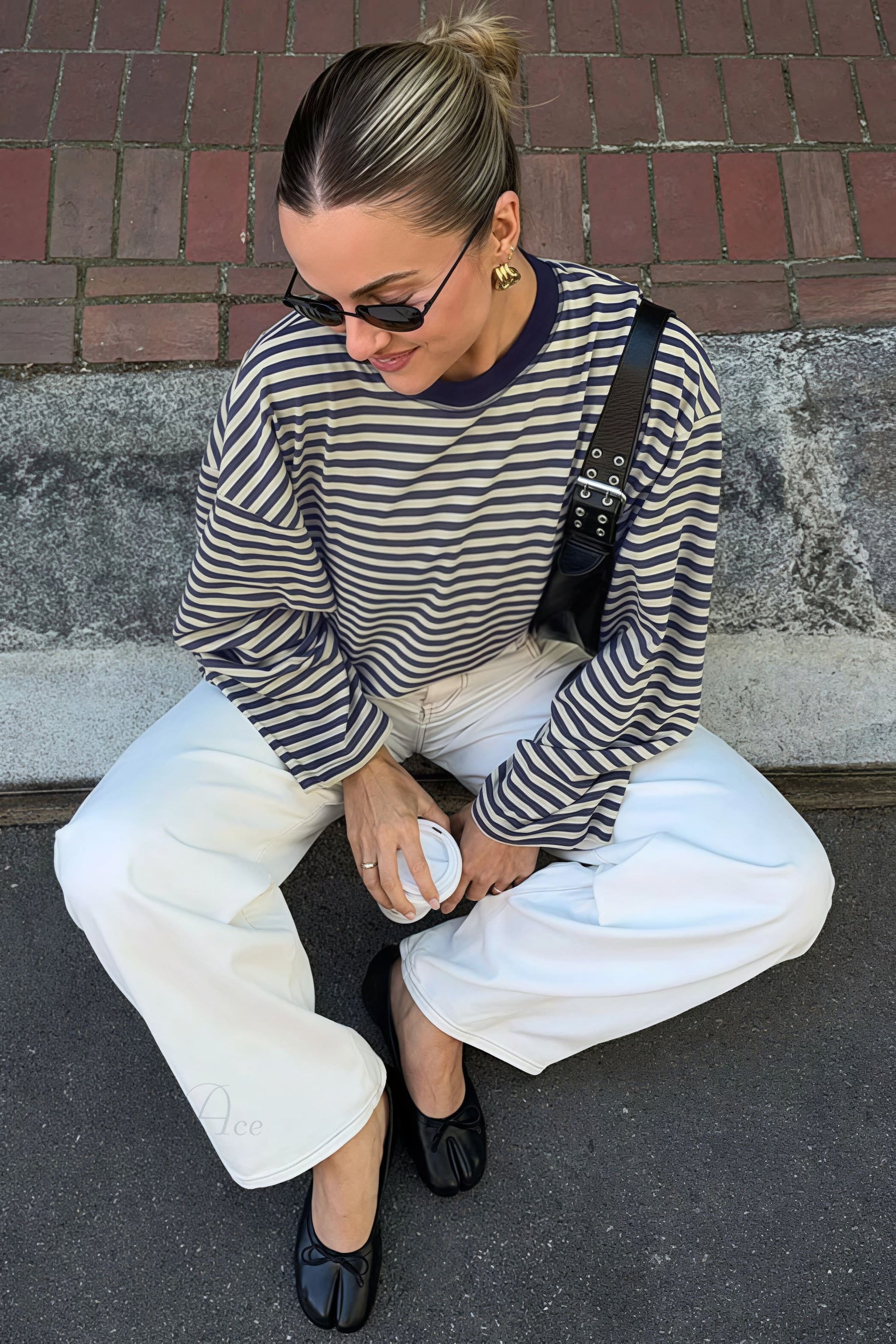 Striped Color Block Crew Neck Loose Long Sleeve Tee
