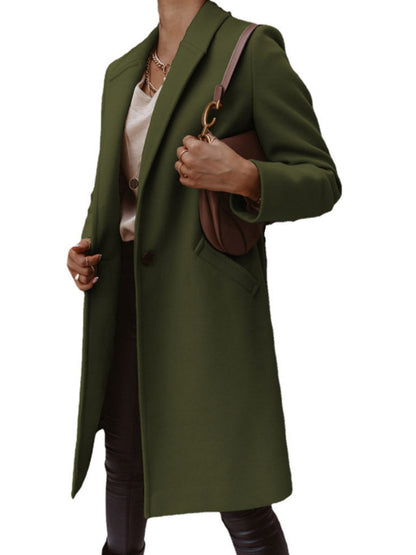 Solid Color Lapel Mid-length Button Wool Coat