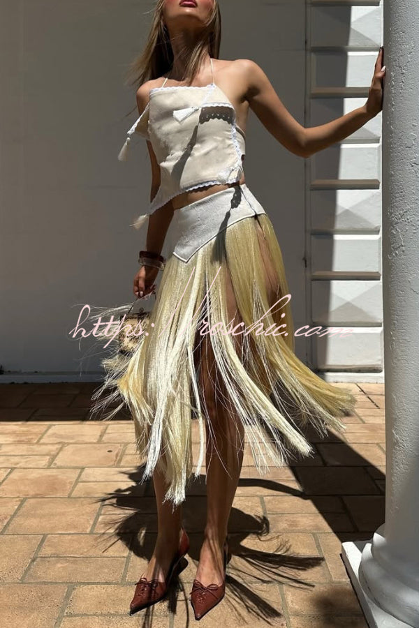 Stylish Halter Neck Lace Up Tassel Pendant Backless Top