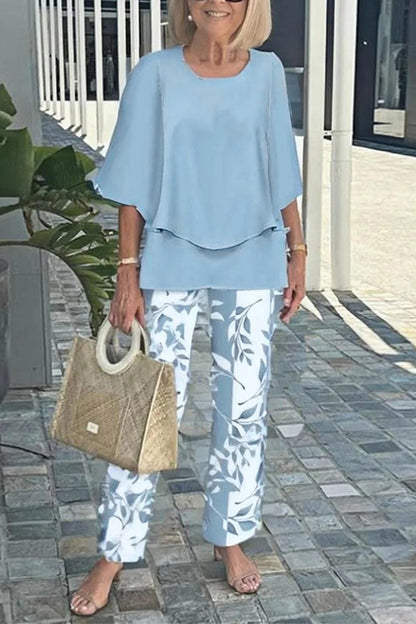 Fashion Round Neck Half Sleeve Loose Top and Elastic Waist Casual Straight Pants Set