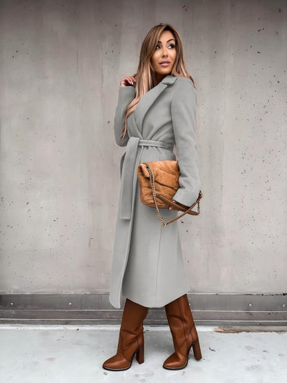 Solid Color Lapel Long Sleeve Woolen Simple Tie Coats