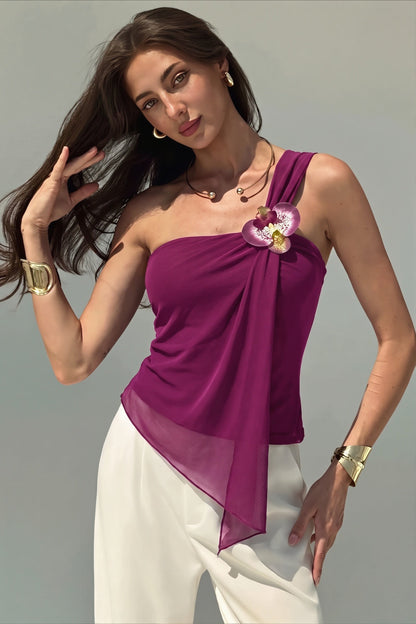 Mesh Asymmetric Floral Detail Blouse