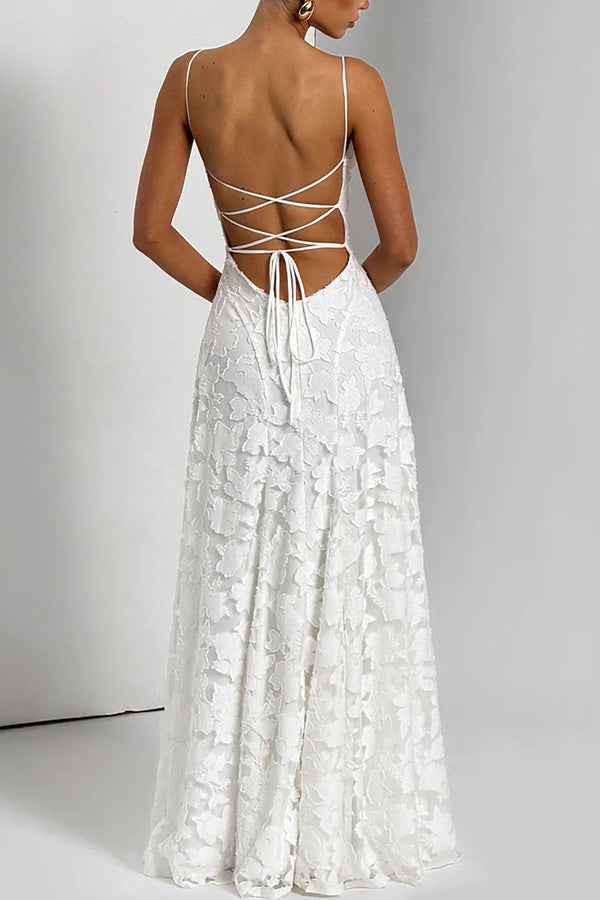 Francis Custom Floral Burnout Fabric Cowl Neck Back Lace-up Maxi Dress