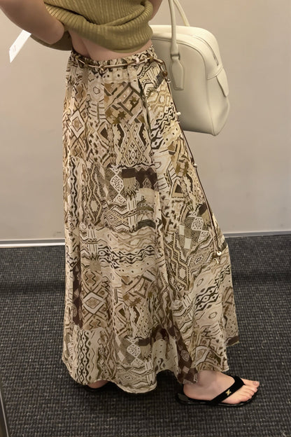 Vintage Print Beaded Belt A Line Maxi Skirt