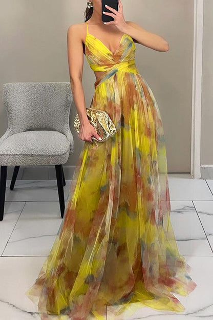 Giselle Tulle Render Floral Print Cutout Waist Back Lace-up Maxi Dress