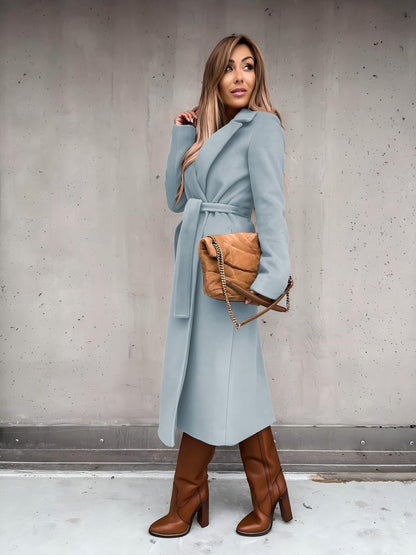 Solid Color Lapel Long Sleeve Woolen Simple Tie Coats