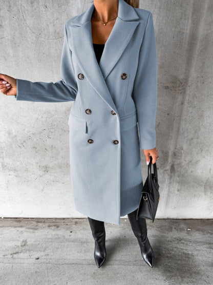 Long Sleeves, Lapel, Solid Color, Double-breasted, Slim Fit Coats