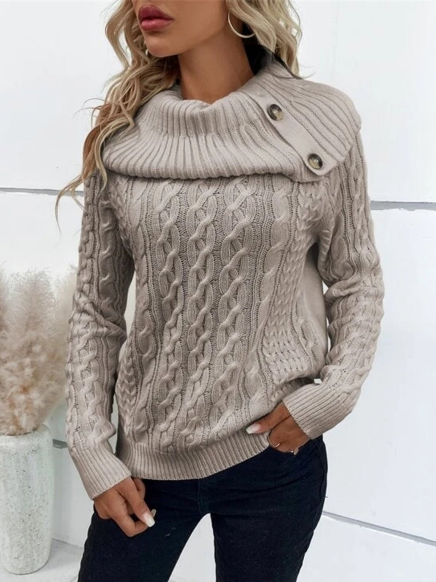 Turtleneck Buttons Raglan Sleeves Sweaters