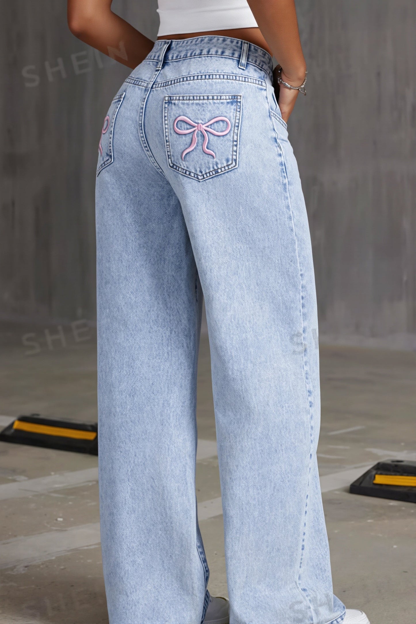 High Waist Bow Embroidery Loose Straight Jeans