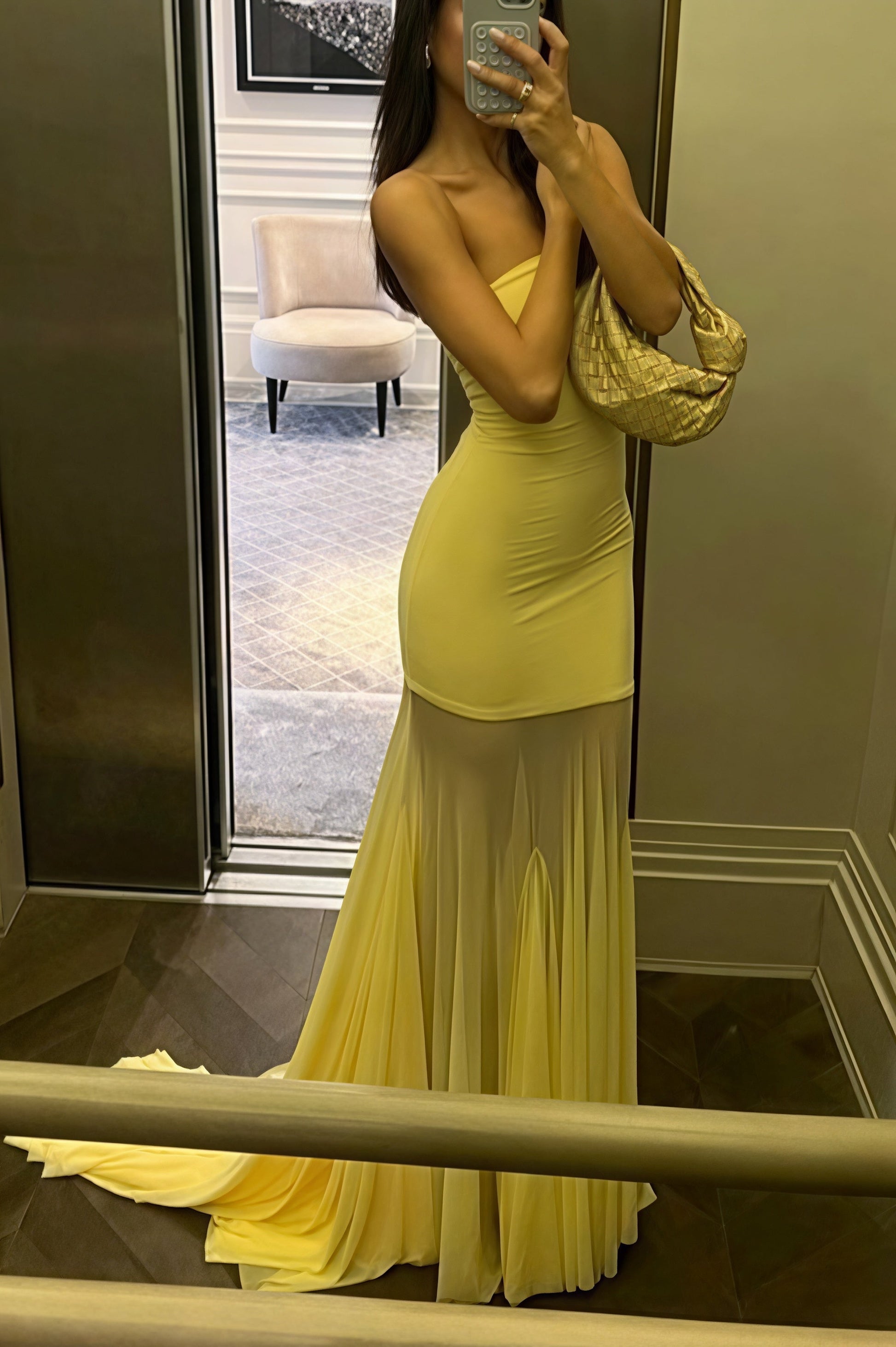Solid Slim Patchwork Sheer Strapless Maxi Dress