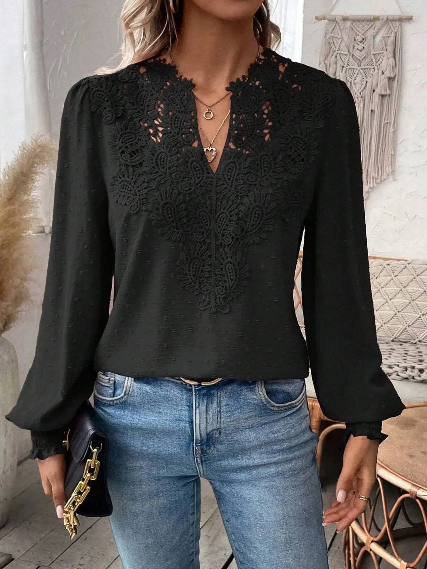 Lace Trim V-neck Long Sleeve Shirt T-shirts