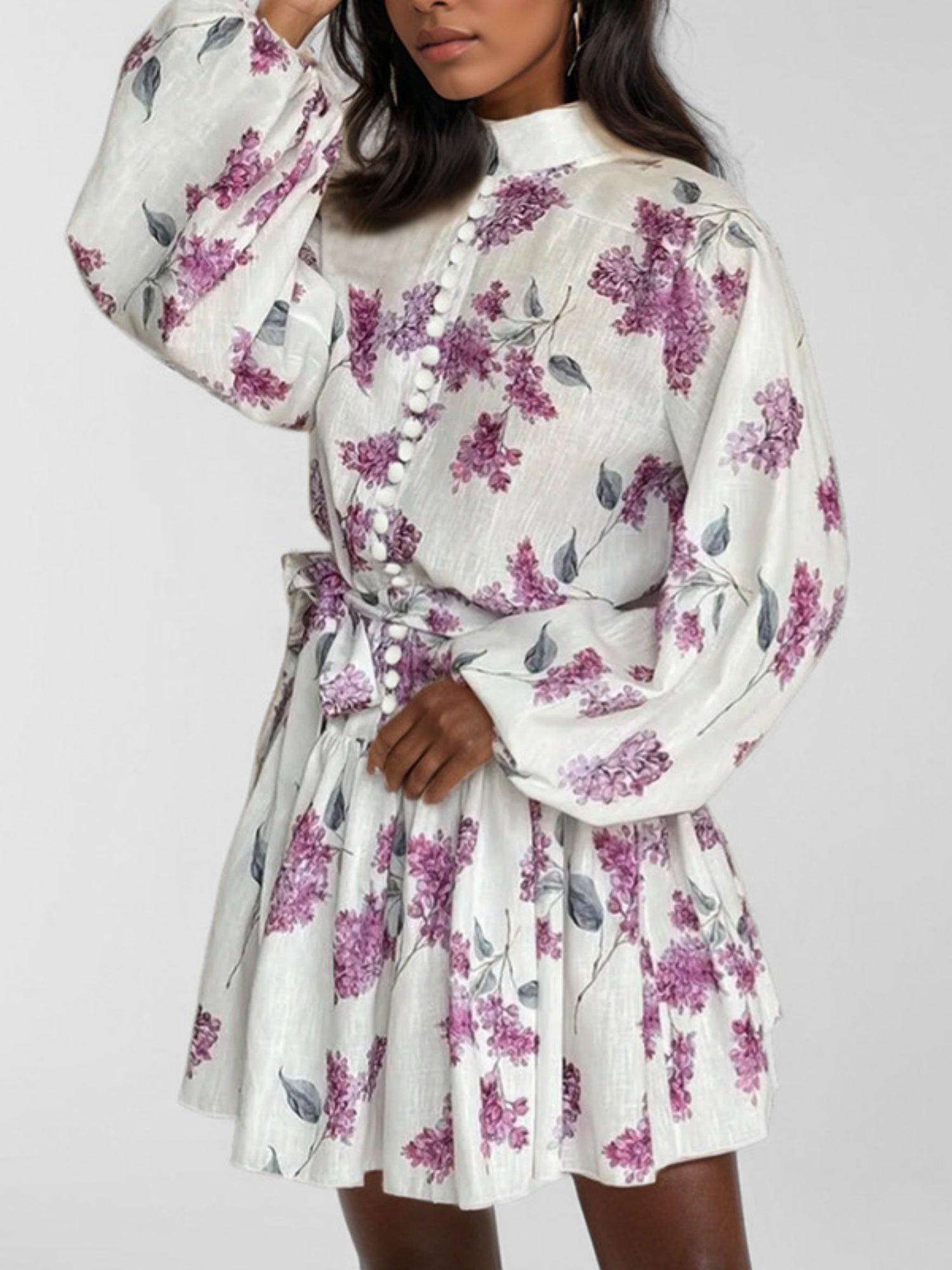 Printed Stand-up Collar Tie Balloon Sleeve Mini&Short Dresses