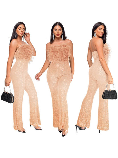Sleeveless Backless Sequined Feather Flared Leg Jumpsuit