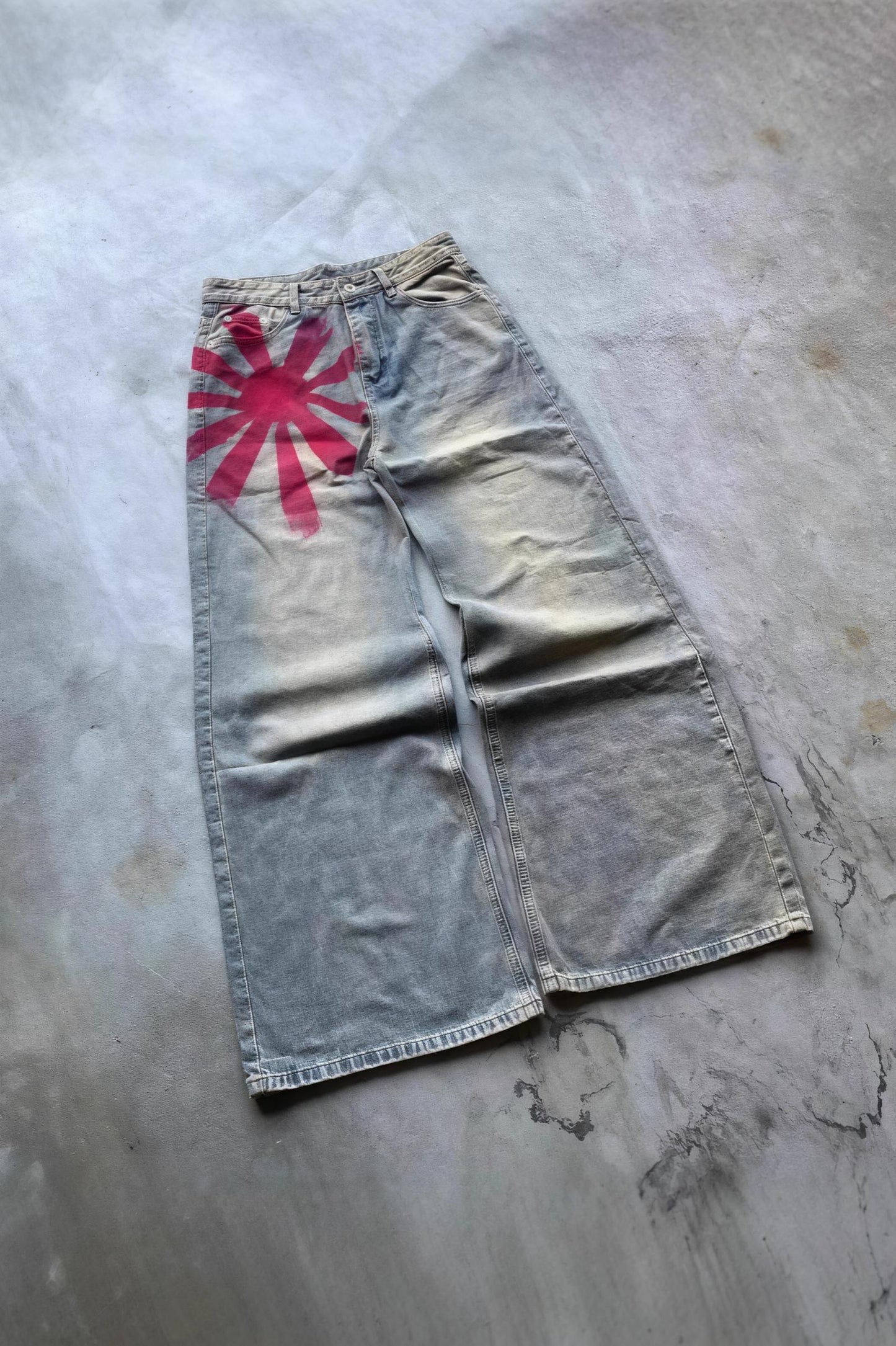 Vintage Washed Printed Wide Leg Floor Jeans