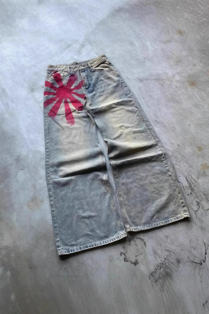 Vintage Washed Printed Wide Leg Floor Jeans
