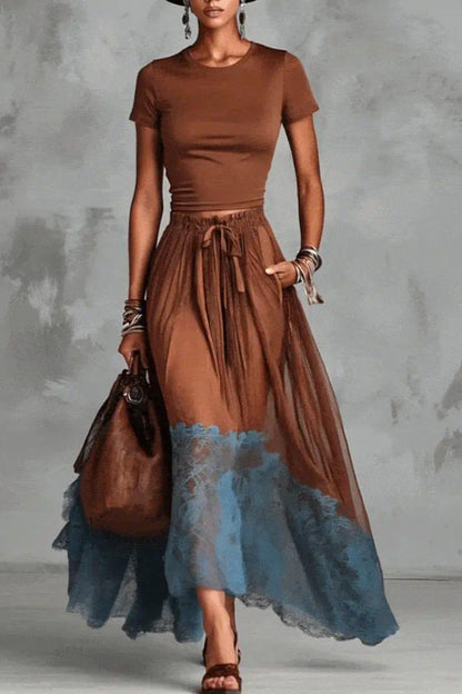Stylish Round Neck Short-sleeved Fitted Top and Elastic Waist Pockets Lace Hem Maxi Skirt Set