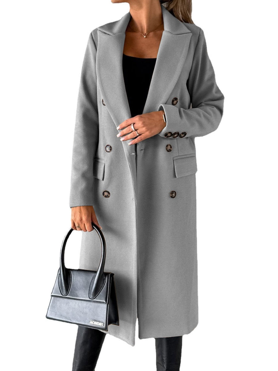 Long Sleeves, Lapel, Solid Color, Double-breasted, Slim Fit Coats
