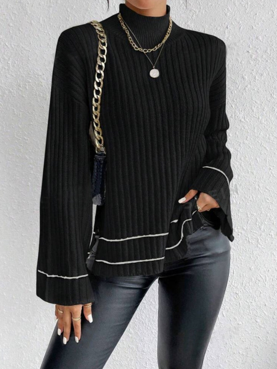 Liber Autumn Women's Contrasting colors Flared sleeves Turtleneck Sweaters