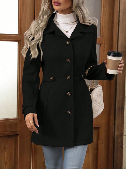 Slim Fit Lapel Buttons Solid Color Woolen Coat
