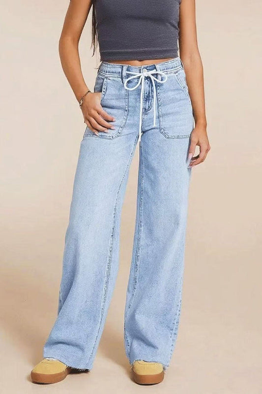 Stylish Elastic Waistband Drawstring Casual Pocket Loose Straight Leg Jeans