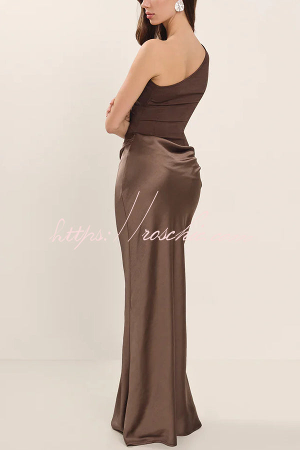 Kaia Satin Contrast Fabric Patchwork One Shoulder Ruched Maxi Dress