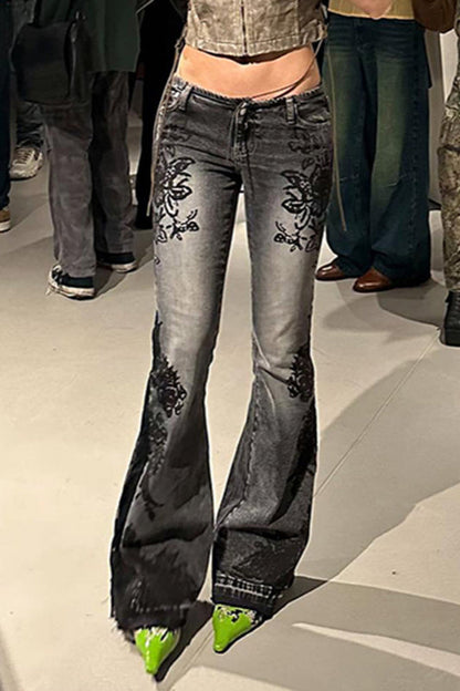 Vintage Plant Print Flared Jeans