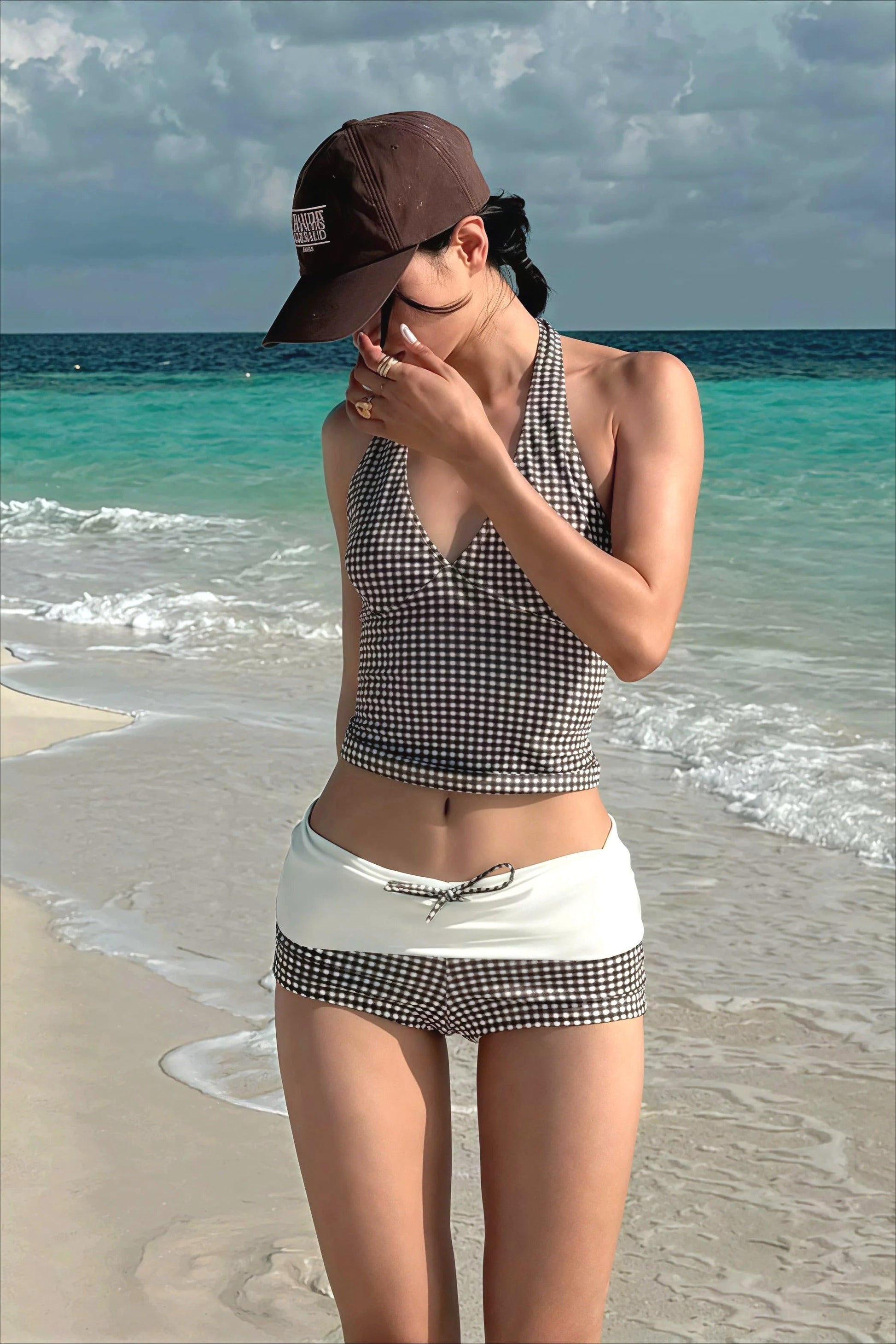 Plaid V Neck Backless Two Piece Swim Set