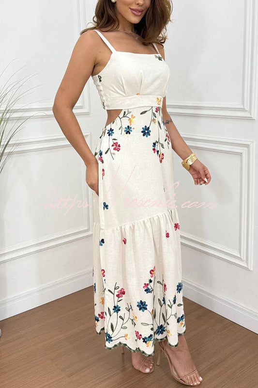 Vanie Linen Blend  Floral Print Cutout Waist Back Smocked Slit Maxi Dress