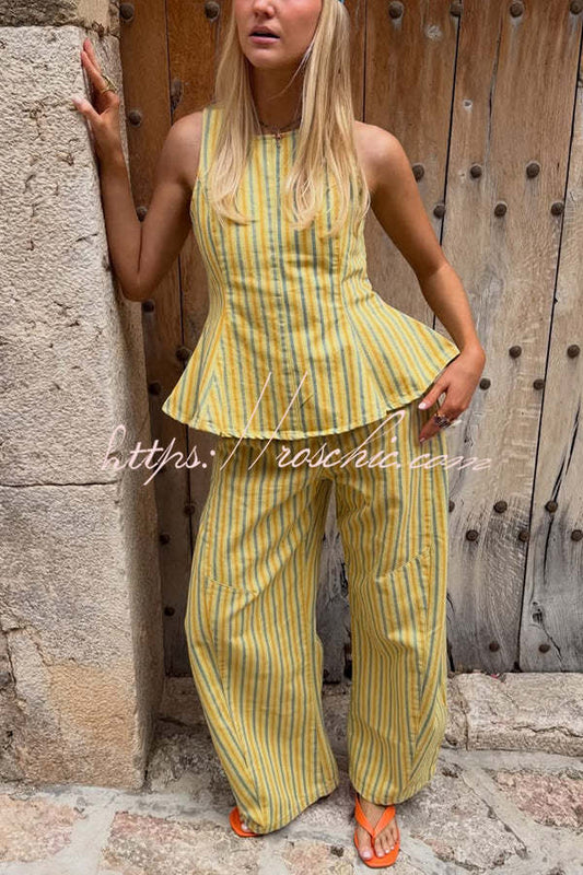 City Outfit Striped Peplum Hem Top and Elastic Waist Pocket Wide Leg Pants Set