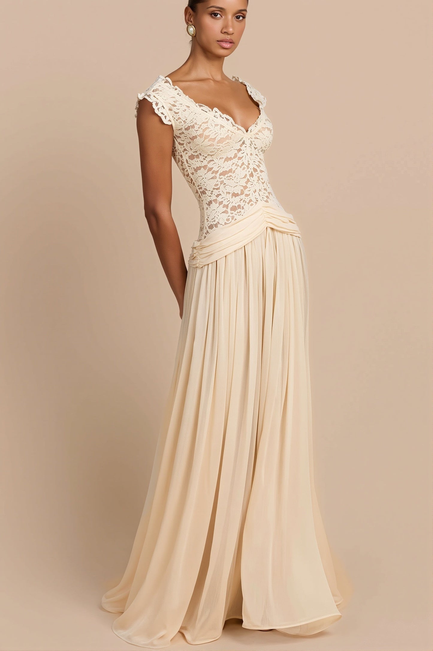 Sheer Lace V Neck Elegant Maxi Dress