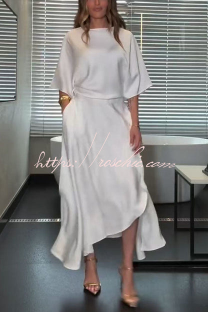 Modern and Elegant Satin Half Wide Sleeve Wrap Style Pocket Slit Loose Maxi Dress