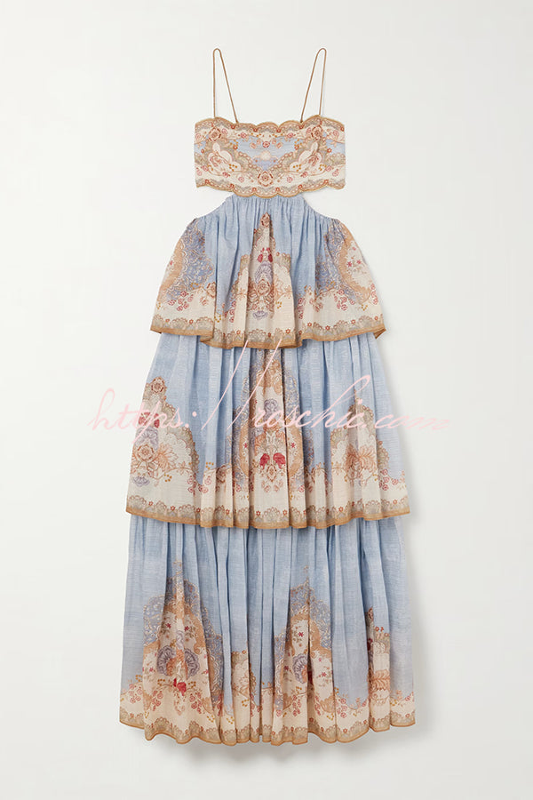 Daylight Unique Print Cutout Waist Back Lace-up Tiered Hem Maxi Dress