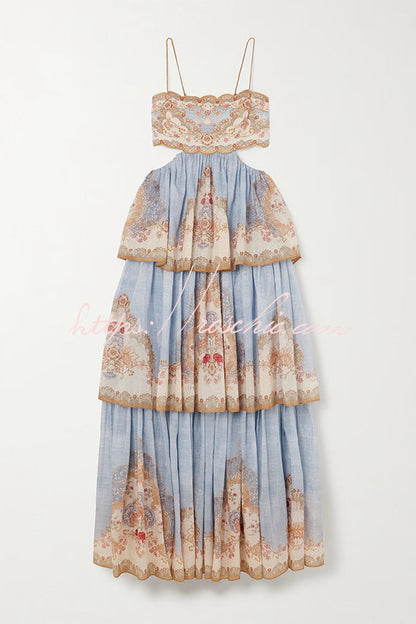 Daylight Unique Print Cutout Waist Back Lace-up Tiered Hem Maxi Dress
