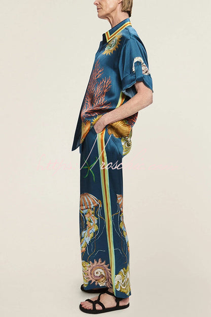 Linen Blend Unique Print Lapel Short Sleeve Shirt and Elastic Waist Loose Pocket Wide Leg Pants Set