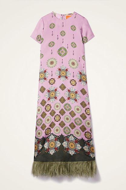 Lucia Satin Baroque Court Style Printed Short Sleeve Pocket Feather Trim Maxi Dress