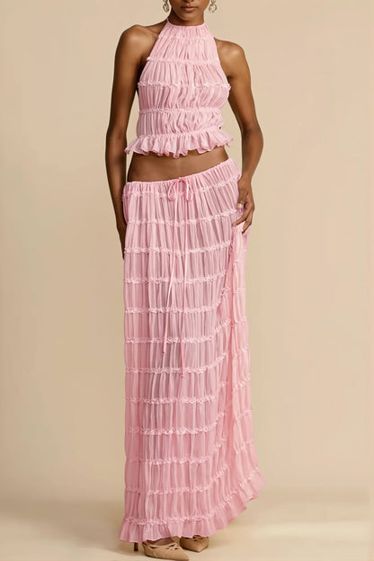 Sexy Lace Trim Halter Open Back Ruched Skirt Sets