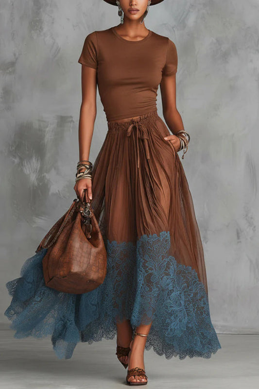 Stylish Round Neck Short-sleeved Fitted Top and Elastic Waist Pockets Lace Hem Maxi Skirt Set