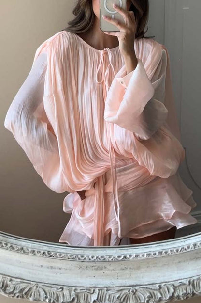 Ninah Glitter Fabric Pleated Balloon Sleeve Tiered Ruffle Hem Mini Dress