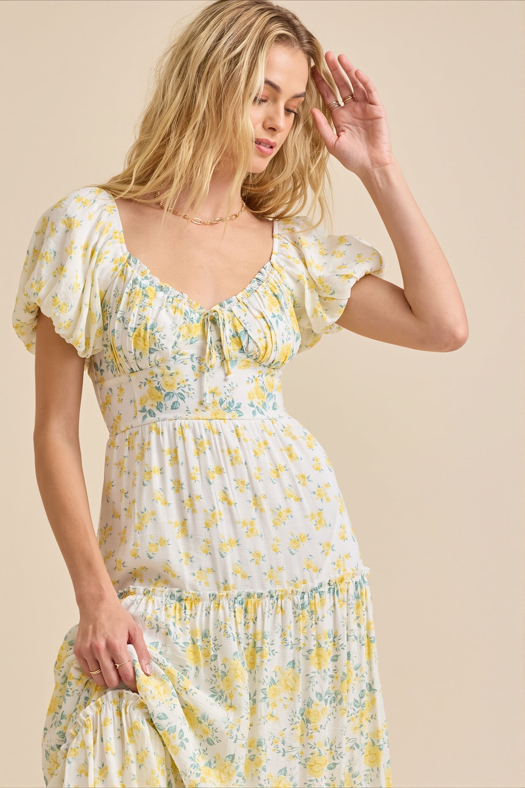 Puff Sleeve Floral V Neck Boho Dress