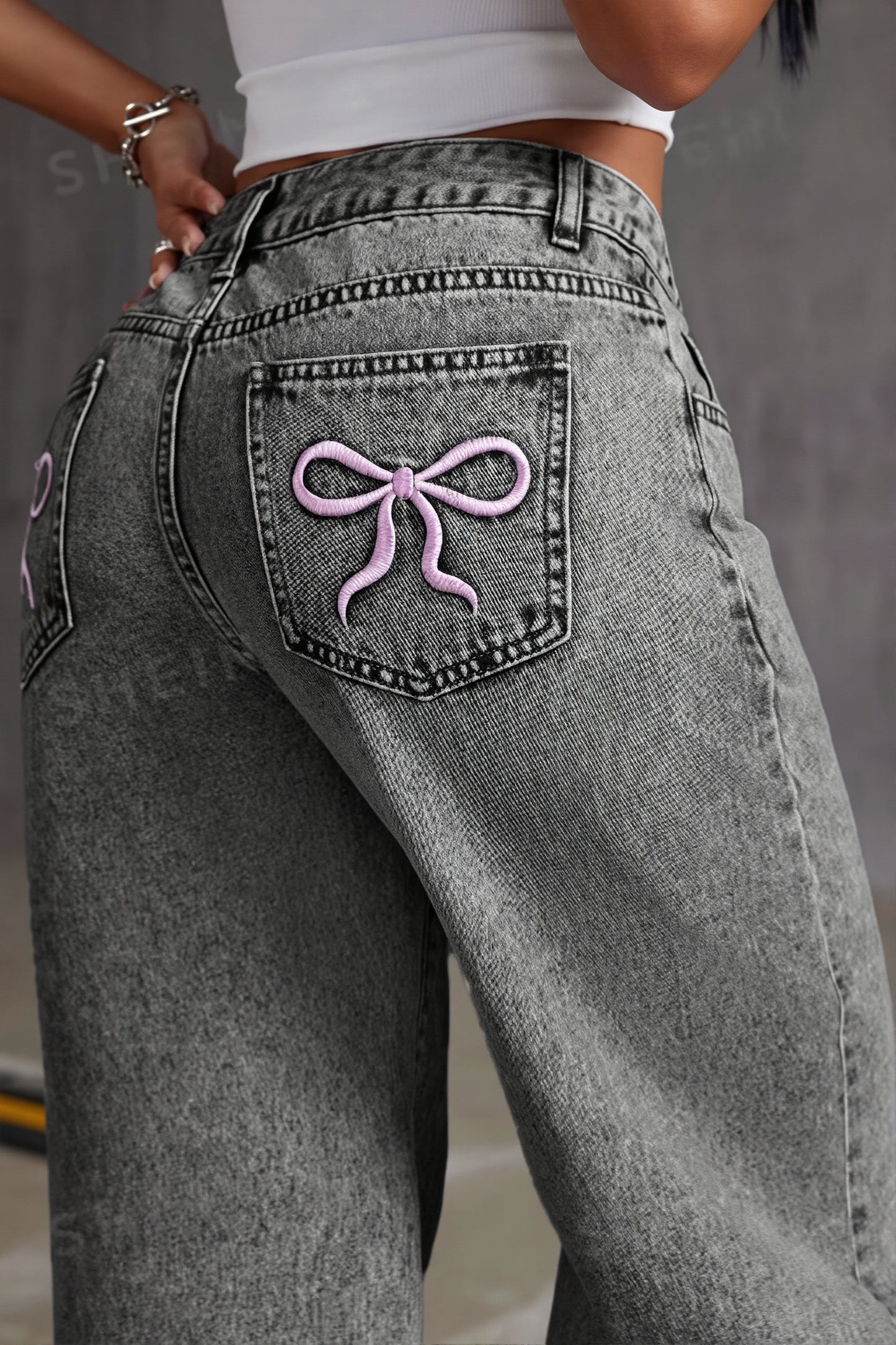 High Waist Bow Embroidery Loose Straight Jeans