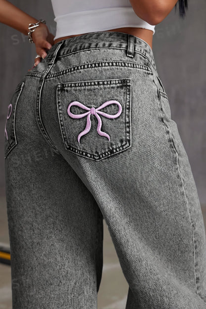 High Waist Bow Embroidery Loose Straight Jeans