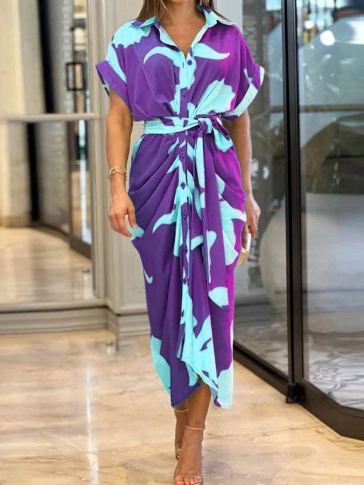 Lapel Shirt Dress Short-sleeved Single-breasted High-waisted Maxi Dresses