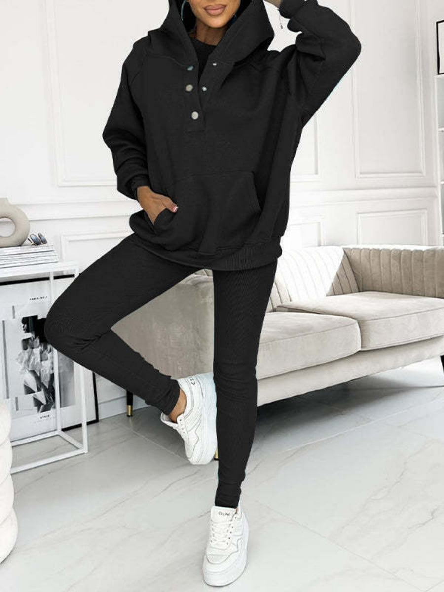 Sporty Casual Hoodie Sweatshirt, Ribbed Slim Fit Vest And Pants Three-piece Set