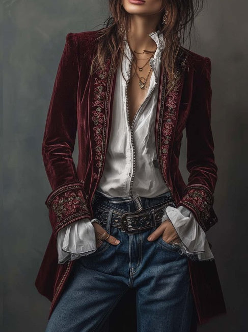 Long Sleeve Solid Color Patchwork Lace Velvet Blazers