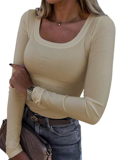 Threaded Groove Trimming Long Sleeve U-neck Base T-shirts