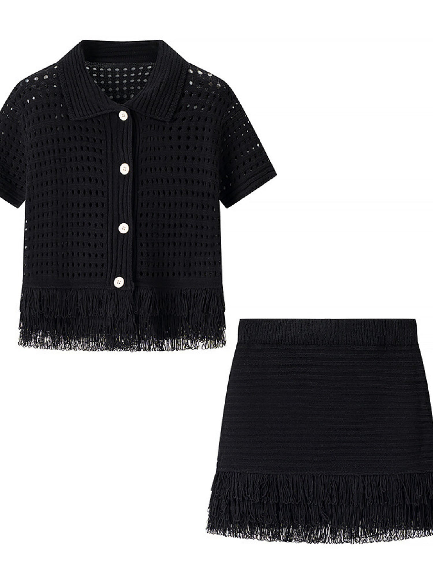 Tassel Knitting Short-sleeved Jacket High-waisted Mini Skirt 2-piece Sets